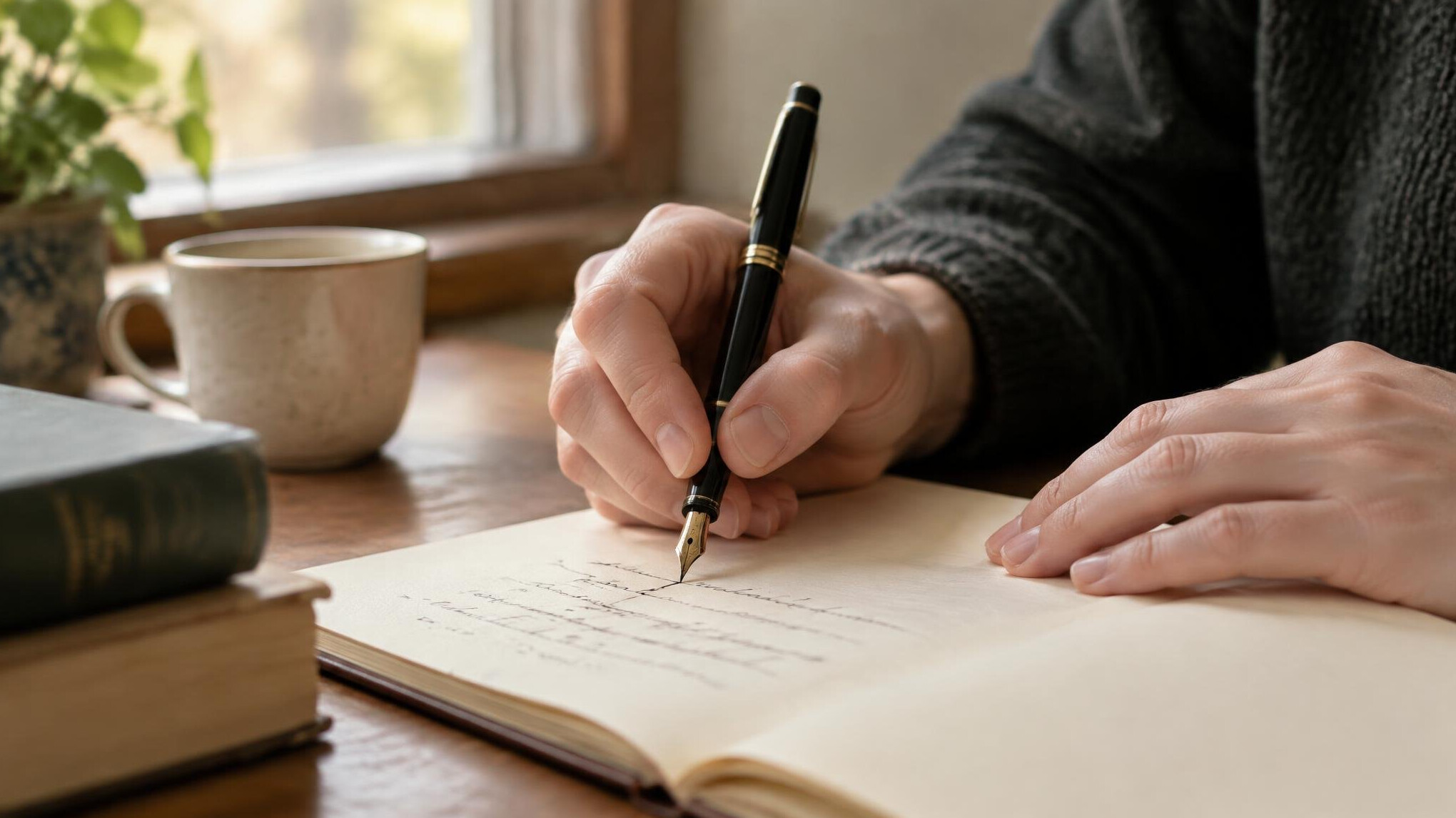 Hands writing notes with a fountain pen on paper